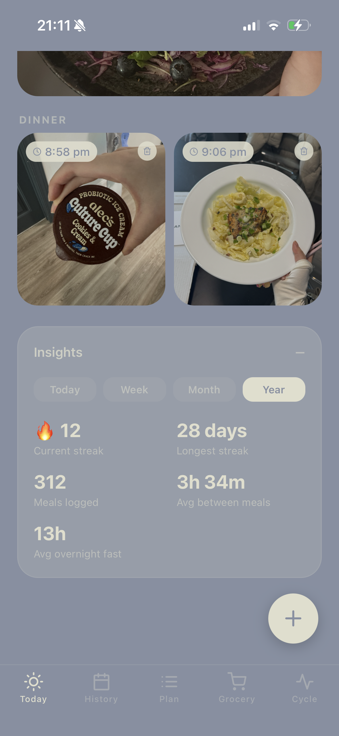 Insights panel showing yearly stats